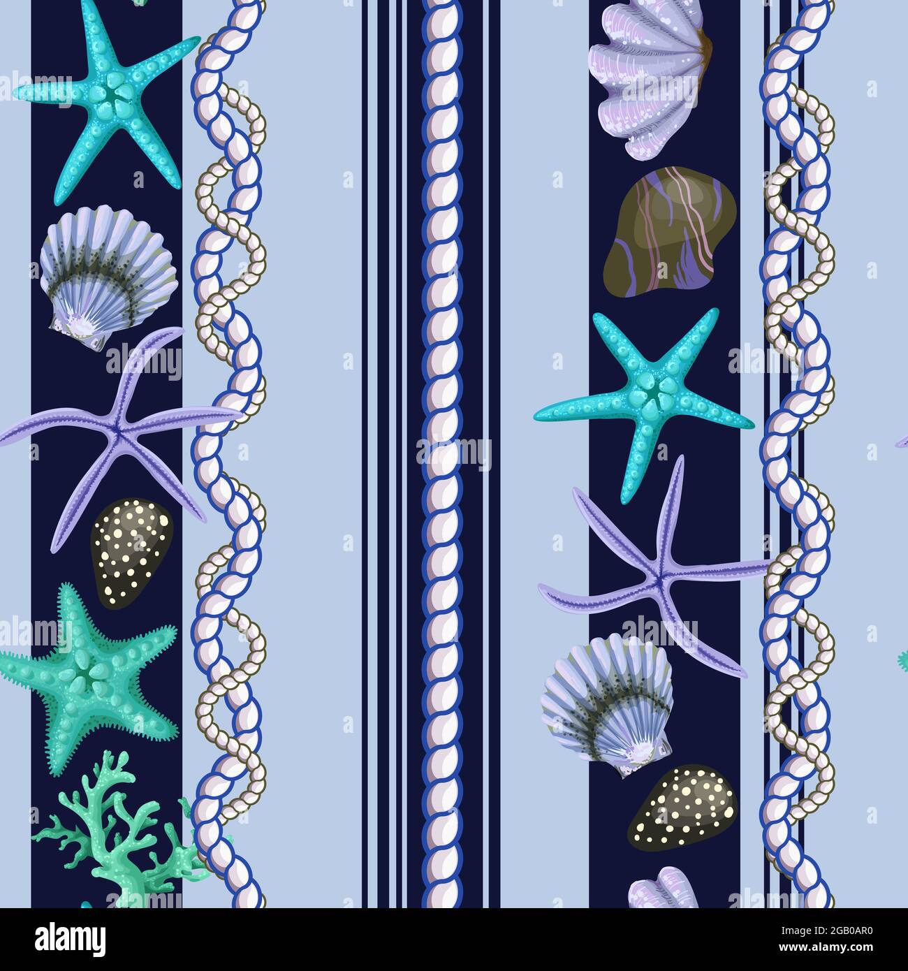 Seamless pattern with starfishes, shells and rope. Vector trende print. Stock Vector