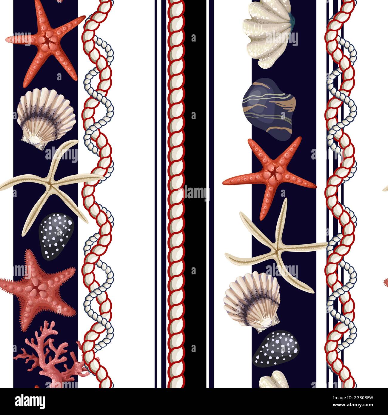 Seamless pattern with starfishes, shells and rope. Vector trende print. Stock Vector