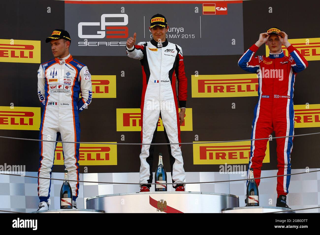 Ocon Esteban FRA art grand prix GP3 podium ambiance Ghiotto Luca ITA trident podium ambiance Bernstorff Emil GBR arden international during the 2015 GP3 Series, from May 8 to 9th 2015 at Barcelona, Spain. Photo Gregory Lenormand / DPPI Stock Photo
