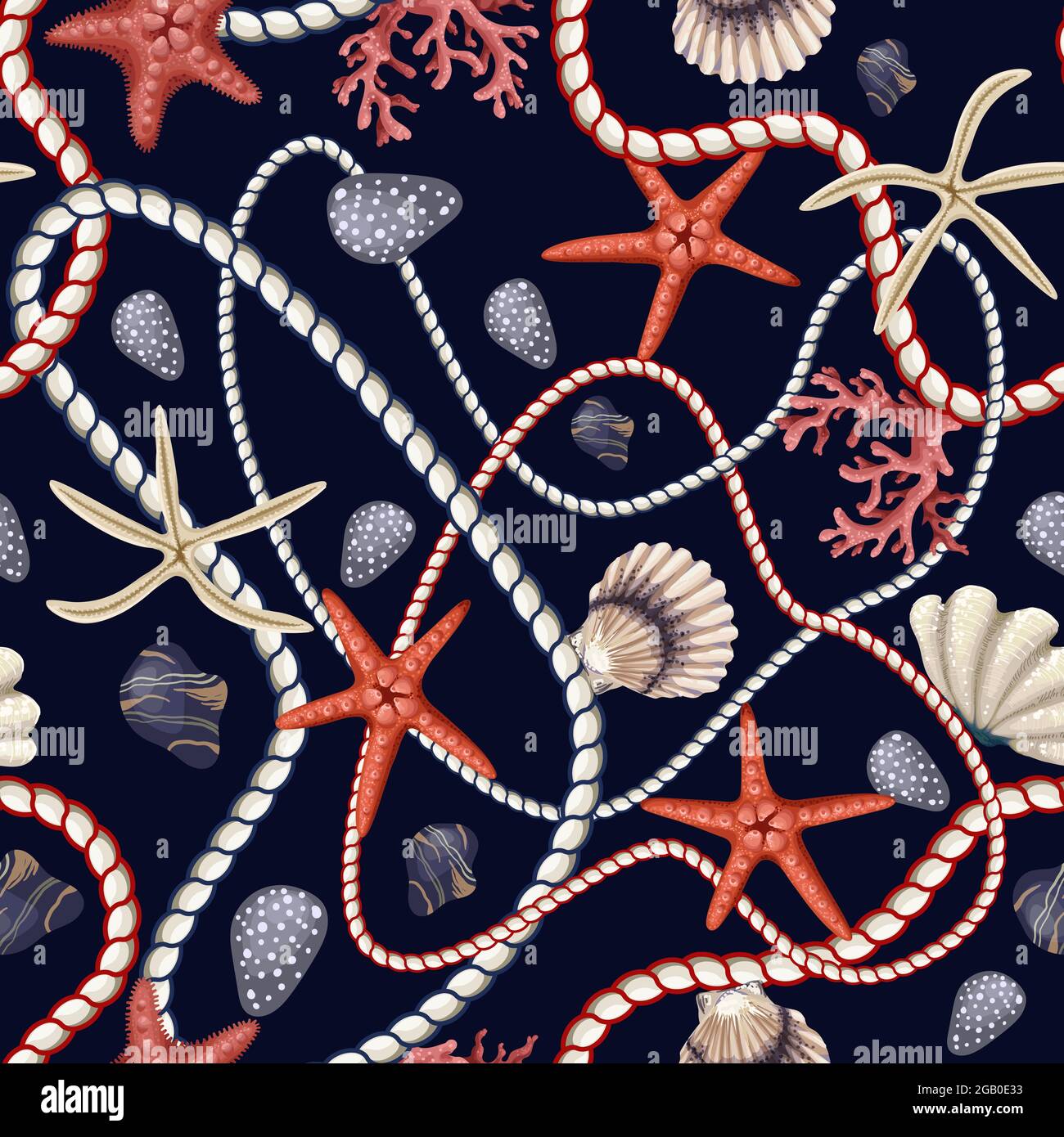 Seamless pattern with starfishes, shells and rope. Vector trende print. Stock Vector