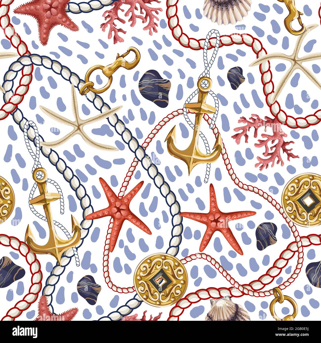 Seamless pattern with starfishes, shells and rope. Vector trende print. Stock Vector