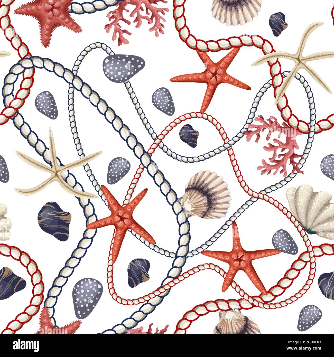 Seamless pattern with starfishes, shells and rope. Vector trende print. Stock Vector