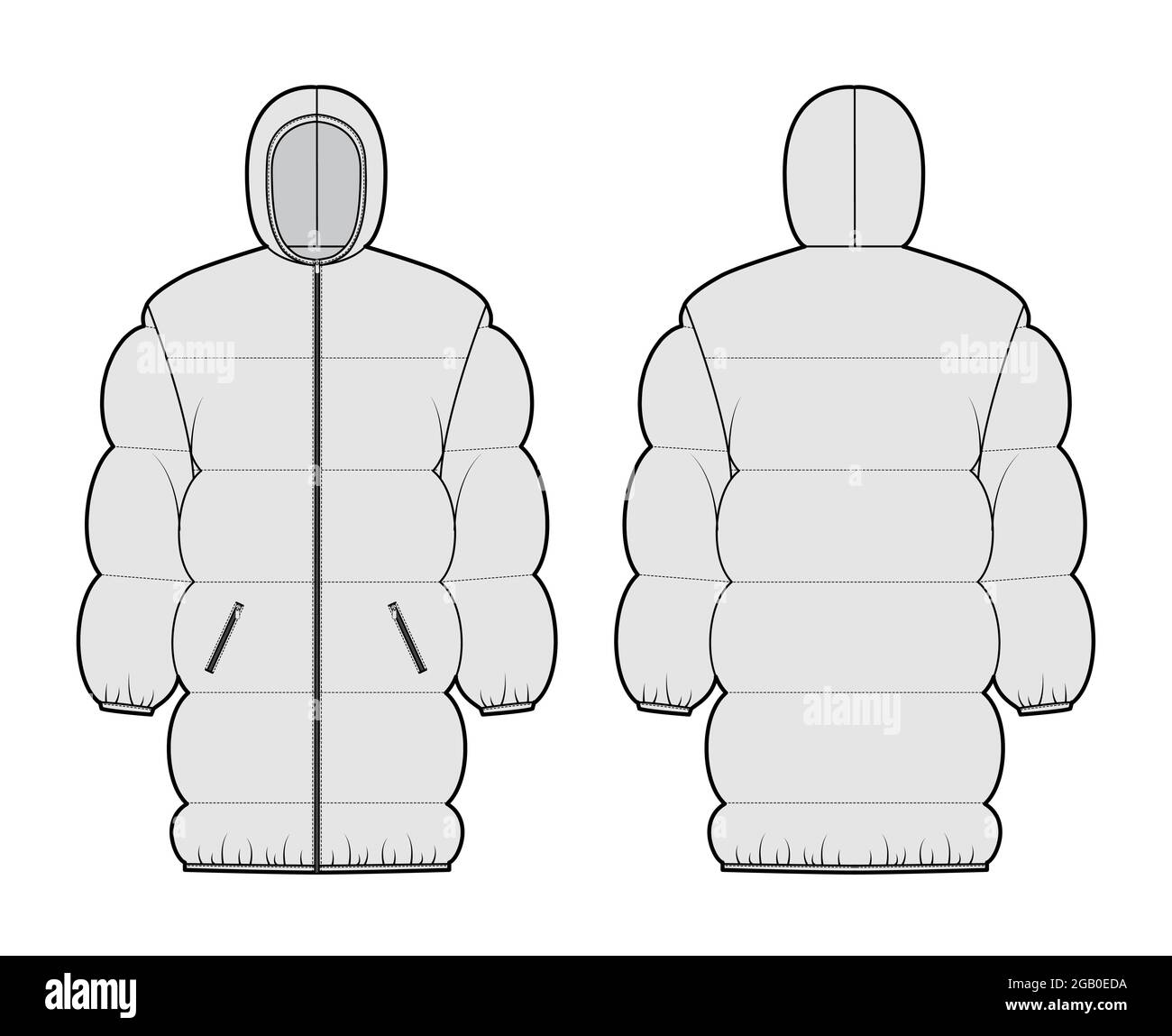 Down puffer jacket coat technical fashion illustration with hoody collar,  zip-up closure, pockets, oversized, wide quilting. Flat template front,  back, grey color style. Women, men, unisex CAD mockup Stock Vector Image &