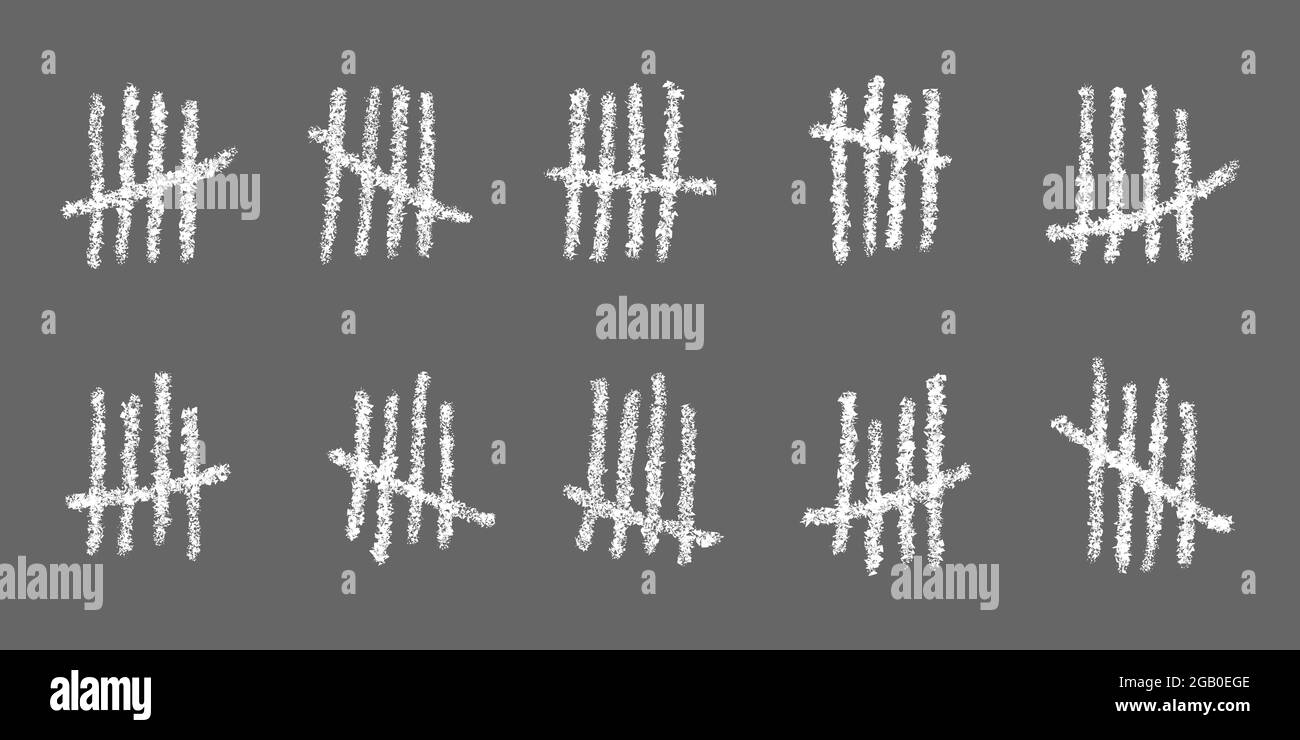 White tally marks on gray background. Chalk drawn sticks sorted by four and crossed out by slash line. Counting stripes on chalkboard. Unary numeral system signs. Vector illustration Stock Vector