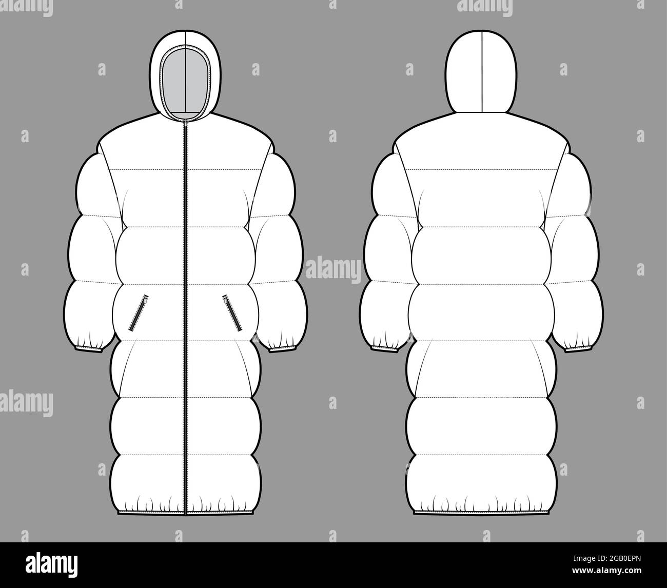 Down puffer coat jacket technical fashion illustration with long ...