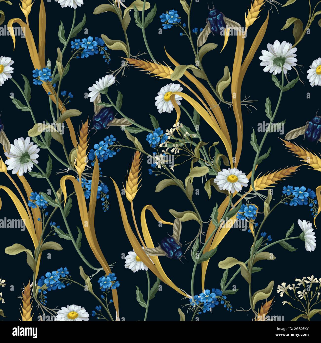Seamless pattern with botanical flowers such as chamomile, ear of wheat and other. Stock Vector