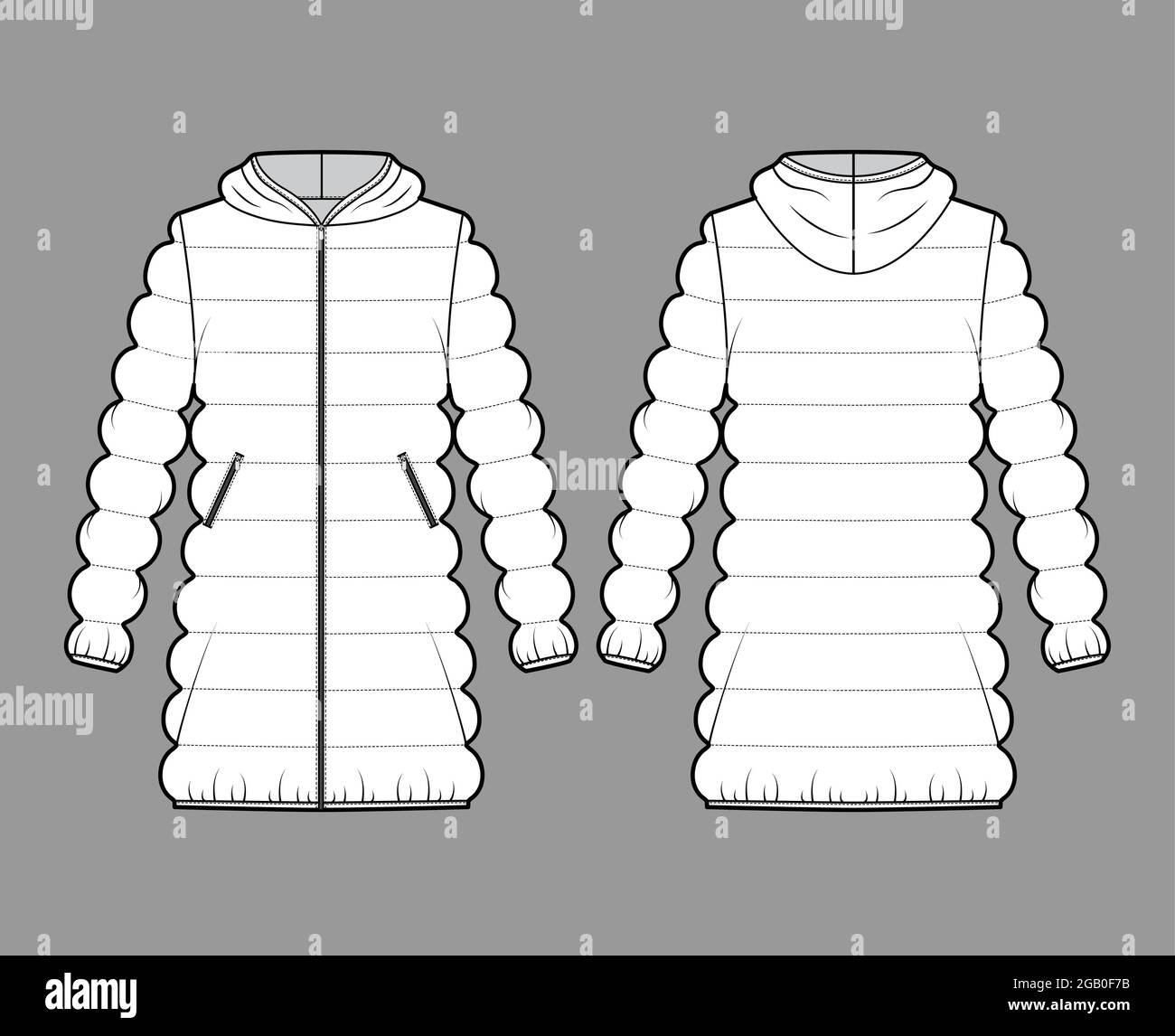 Hooded jacket Down puffer coat technical fashion illustration with zip ...