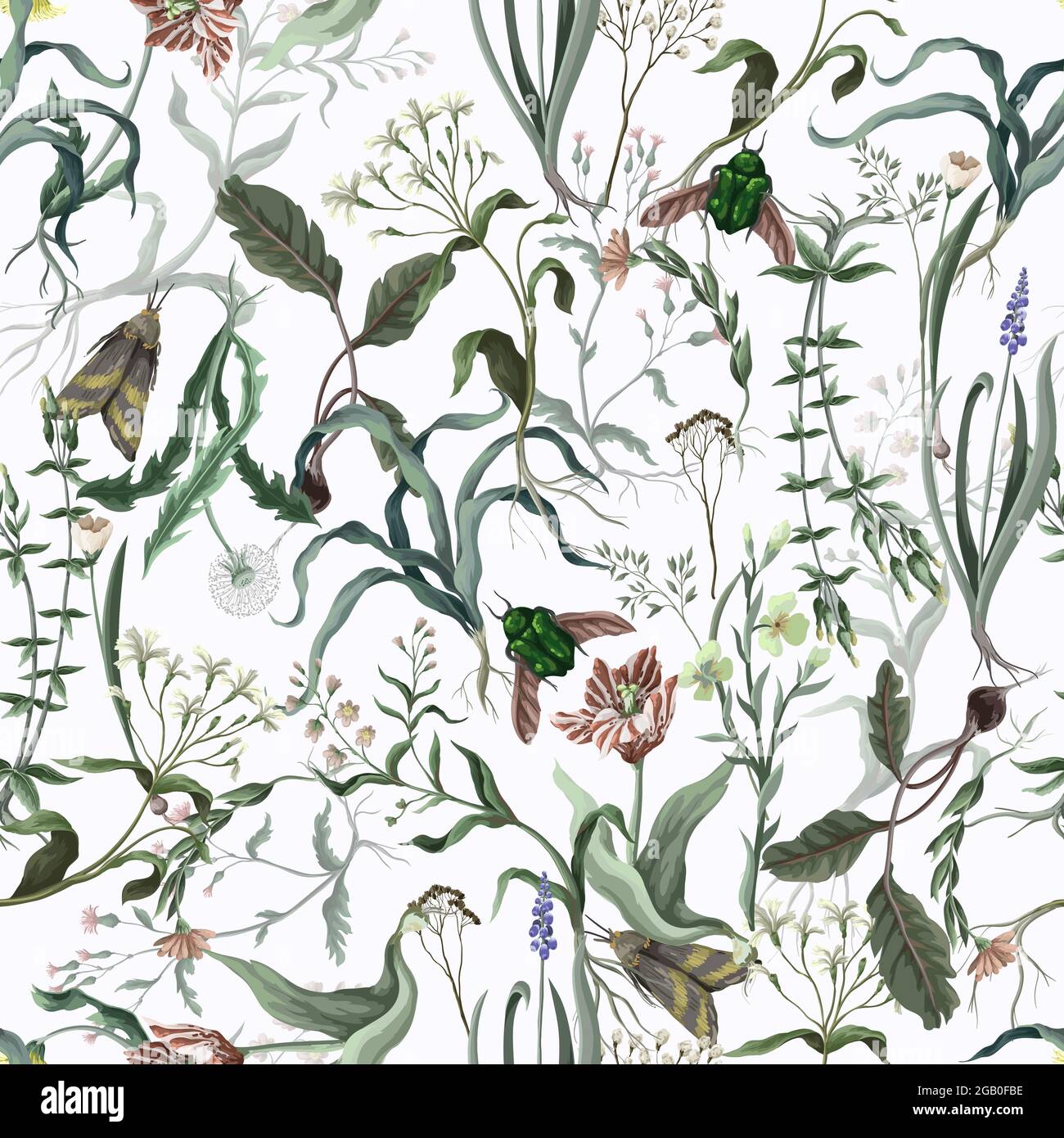 Seamless pattern with wild thin flowers and insects. Trendy botanical print. Stock Vector