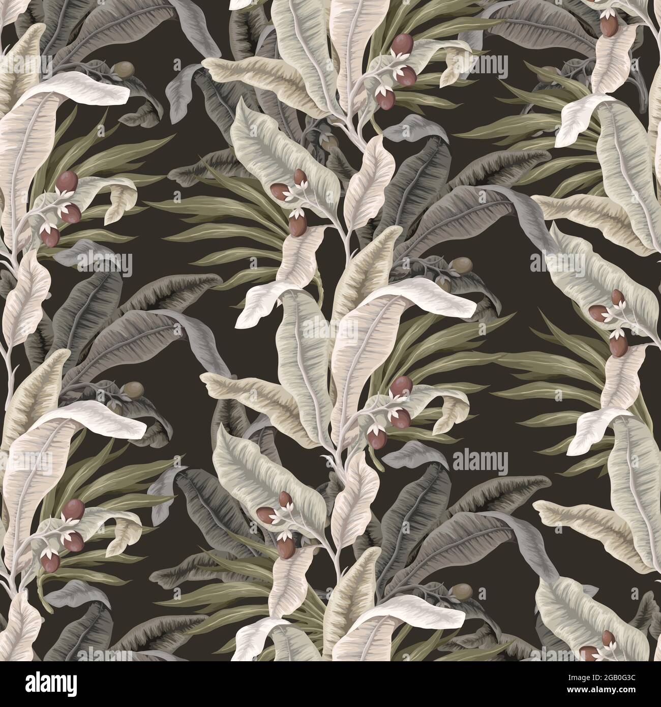 Seamless pattern with light tropical leaves and flowers. Trendy textile ...