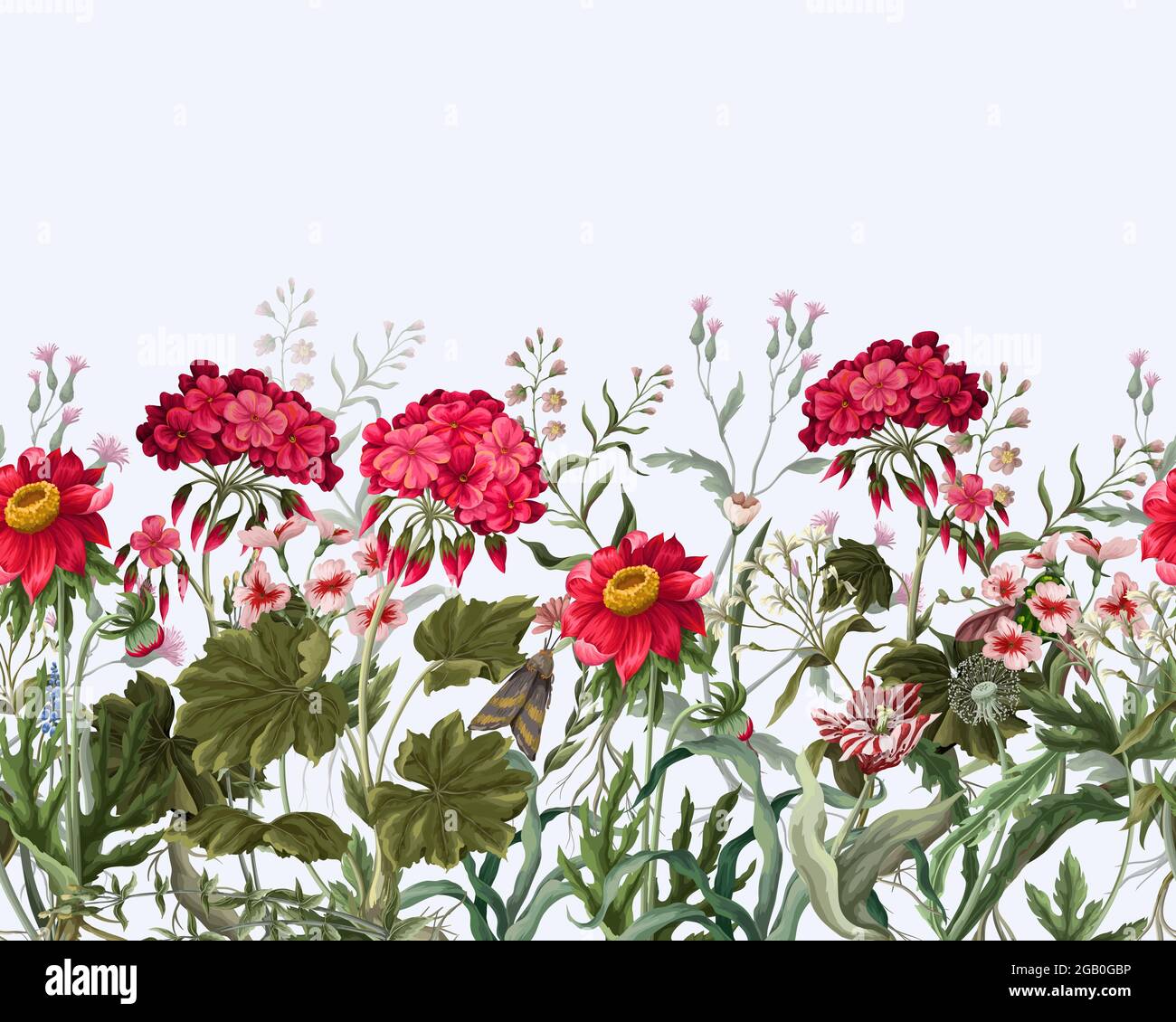 Border with geraniums and wild flowers. Trendy floral vector print. Stock Vector