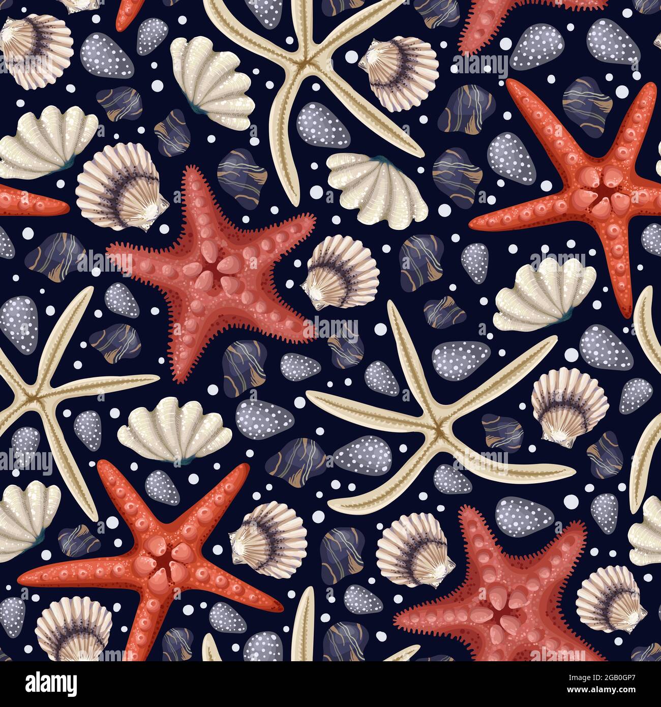 Seamless pattern with red starfishes, shells and coral. Vector trend print. Stock Vector