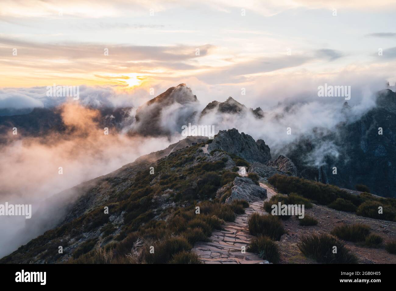 Scenic view on the trekking path from Pico Arieiro to Pico Ruivo during sunset in Madeira Portugal Stock Photo