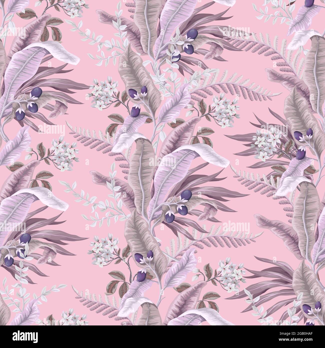 Seamless pattern with light tropical leaves and flowers. Trendy textile ...