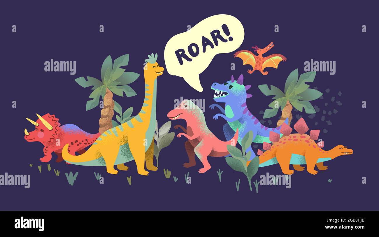 Bright colourful happy dinosuar story characters! Vector illustration Stock Vector