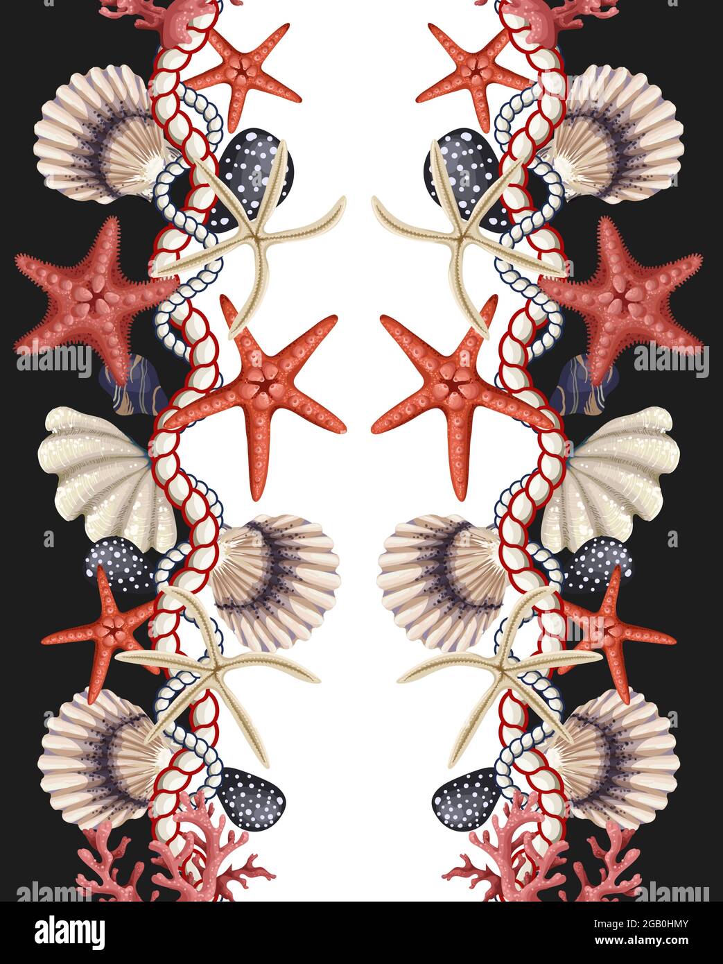 Border with starfishes, shells and rope. Vector trende print. Stock Vector