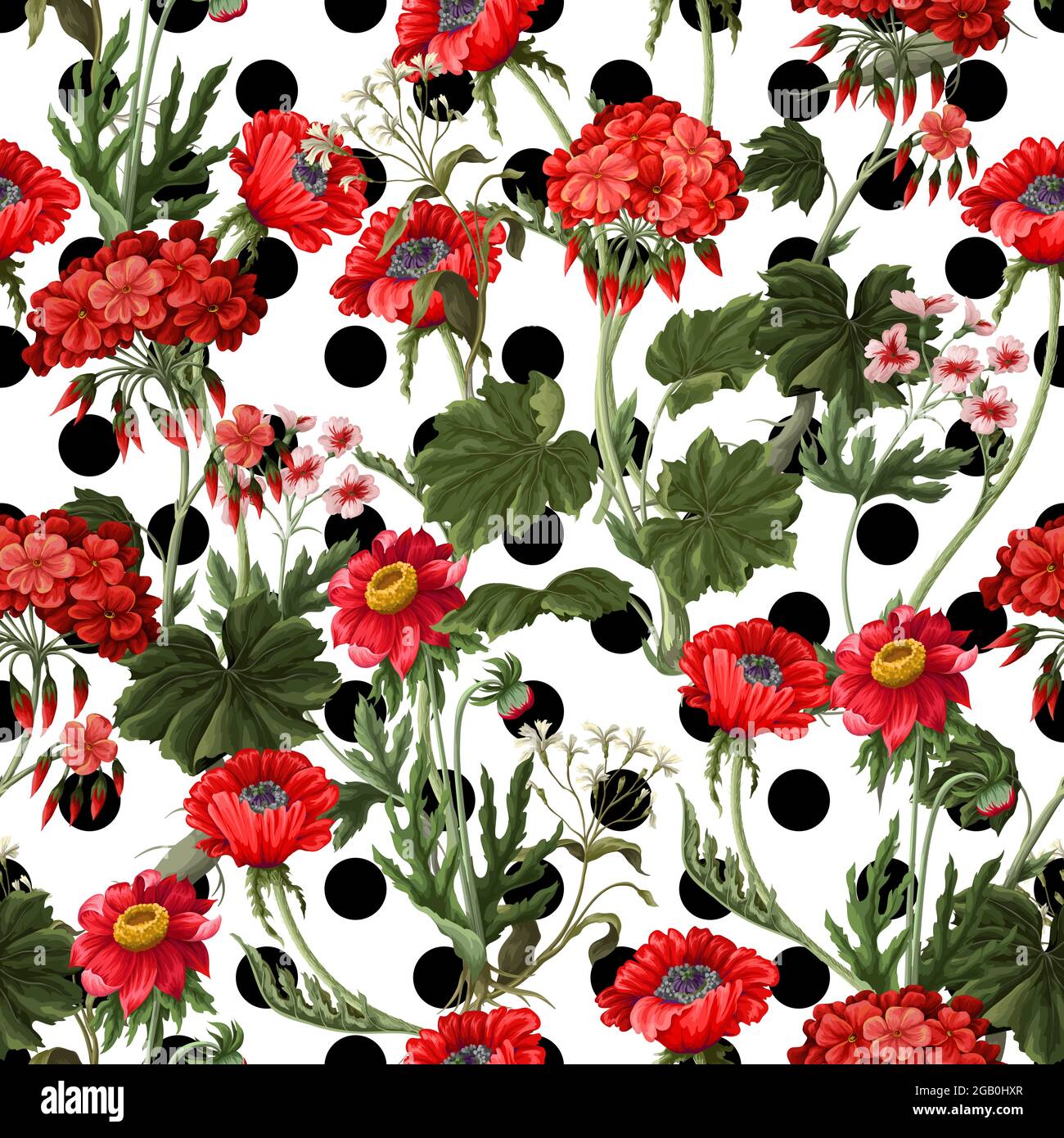 Seamless pattern with red botanical flowers. Trendy vector print. Stock Vector
