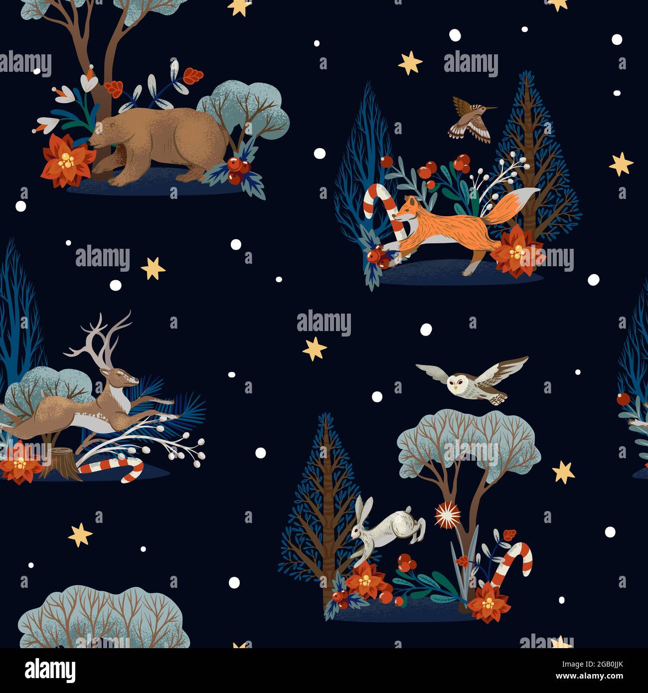 Christmas seamless pattern with trees and animals. Vector holiday ...