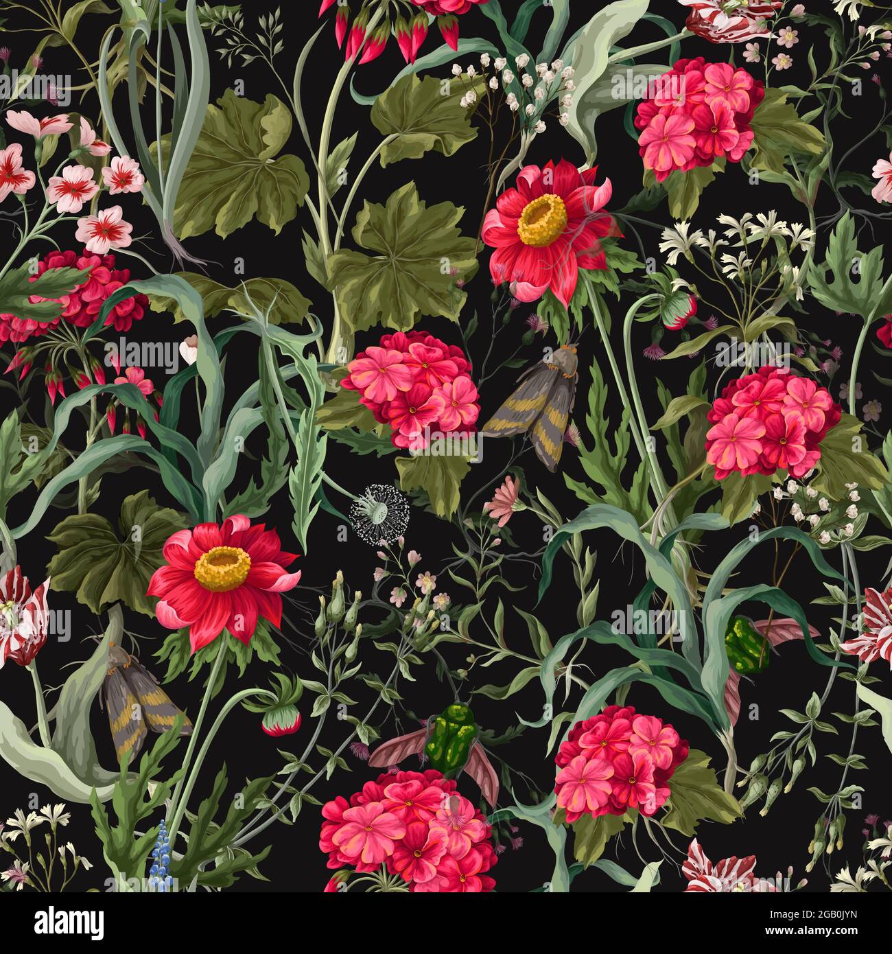 Seamless pattern with geraniums, insects and wild flowers. Trendy floral vector print. Stock Vector