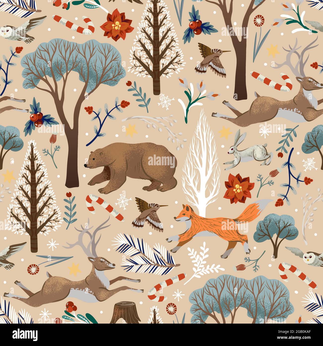 Christmas seamless pattern with trees and animals. Vector holiday ...