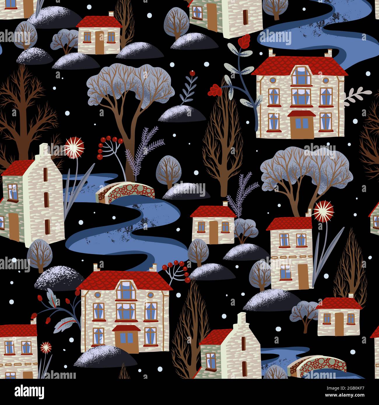 Seamless pattern with Christmas elements, snowy city, river and trees. Stock Vector