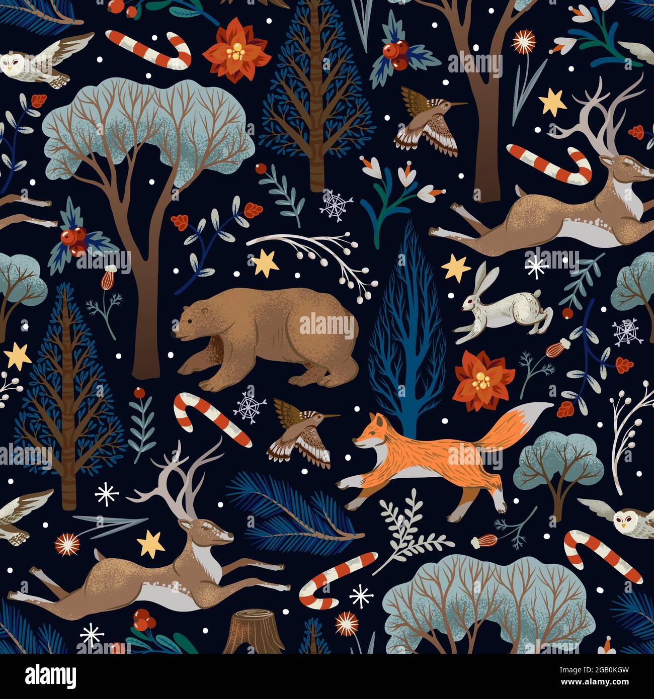 Christmas seamless pattern with trees and animals. Vector holiday ...