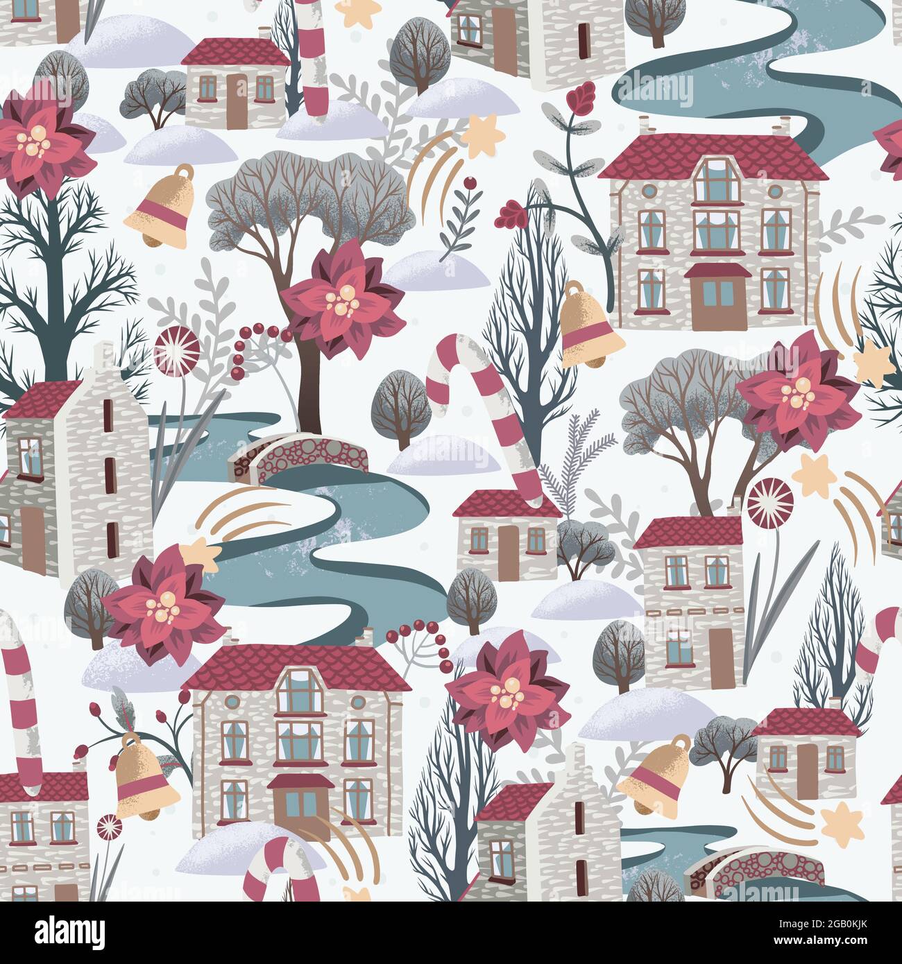 Seamless pattern with Christmas elements, snowy city, river and trees Stock Vector