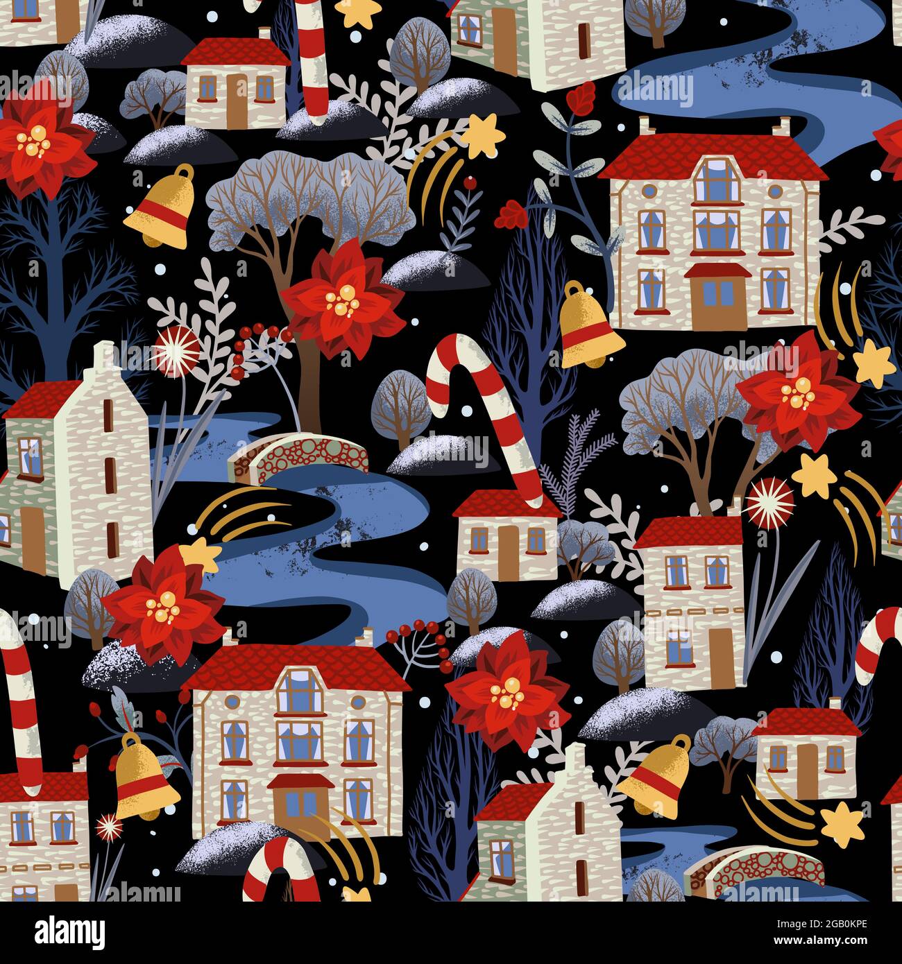 Seamless pattern with Christmas elements, snowy city, river and trees. Stock Vector