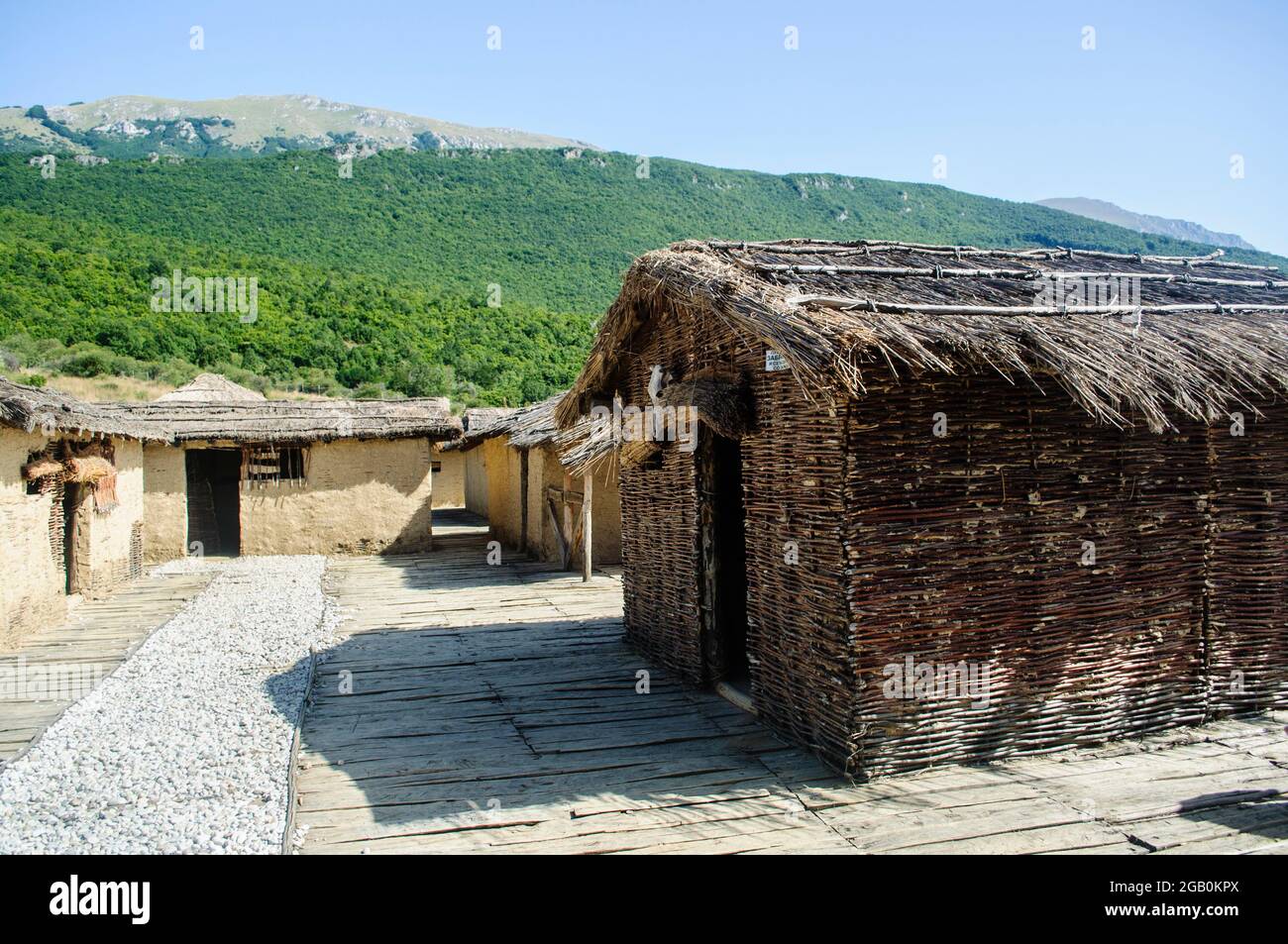 Museum on water in the Bay of Bones on the Ohrid Lake in Macedonia. Reconstruction of the pile dwelling settlement Stock Photo