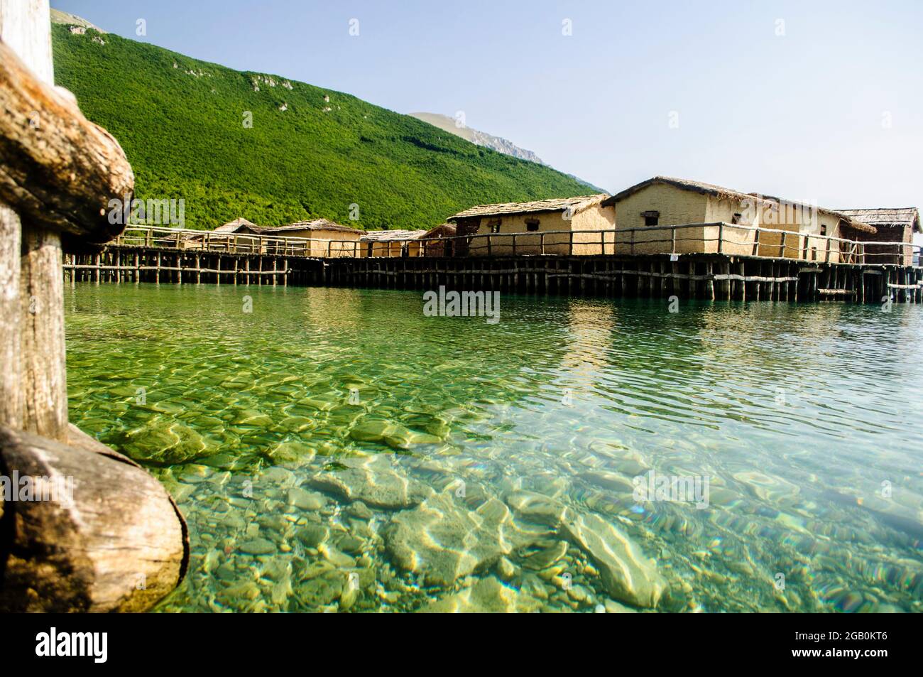 Museum on water in the Bay of Bones on the Ohrid Lake in Macedonia. Reconstruction of the pile dwelling settlement Stock Photo