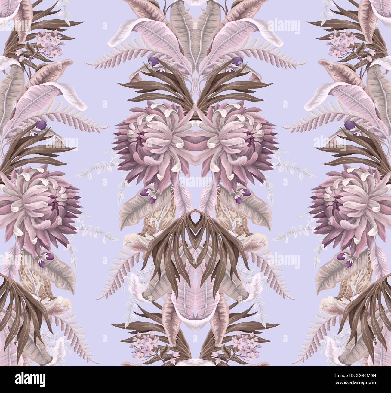 Seamless pattern with light tropical leaves and flowers. Trendy textile ...