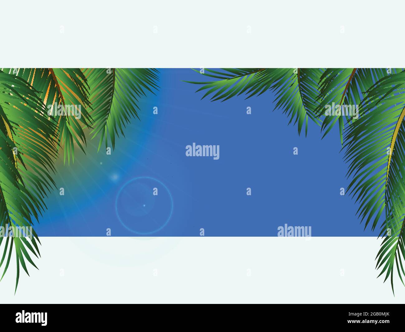 Horizontal Panel Of Summer View With Blue Sky Palm Trees Sun And Lens Flares With Palm Tree Branches Overflowing From The Panel Into The Background Stock Vector