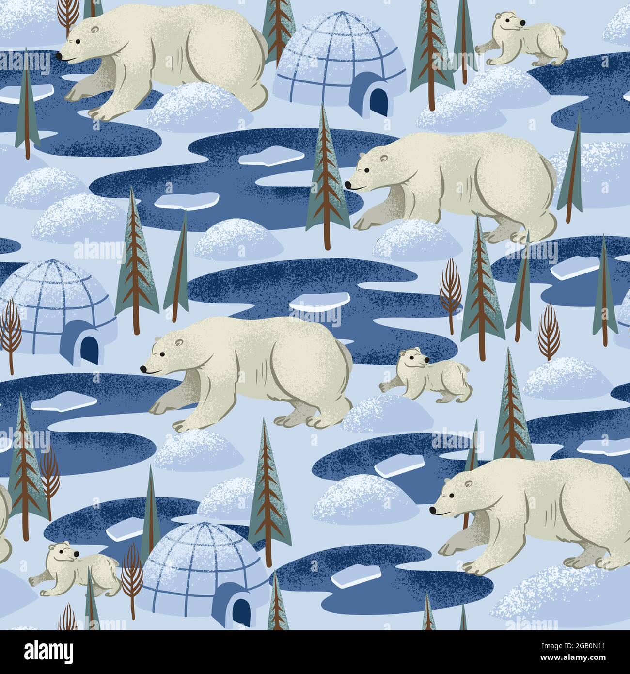Seamless pattern with white arctic bears. Trendy Christmas print. Stock Vector