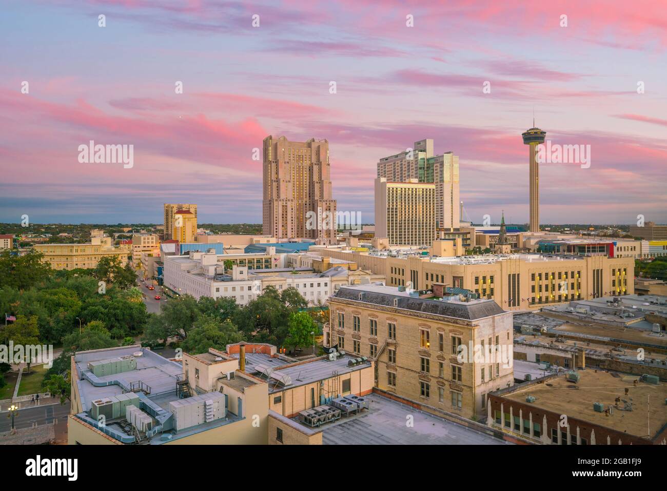 Top view of downtown San Antonio in Texas USA at sunset Stock Photo