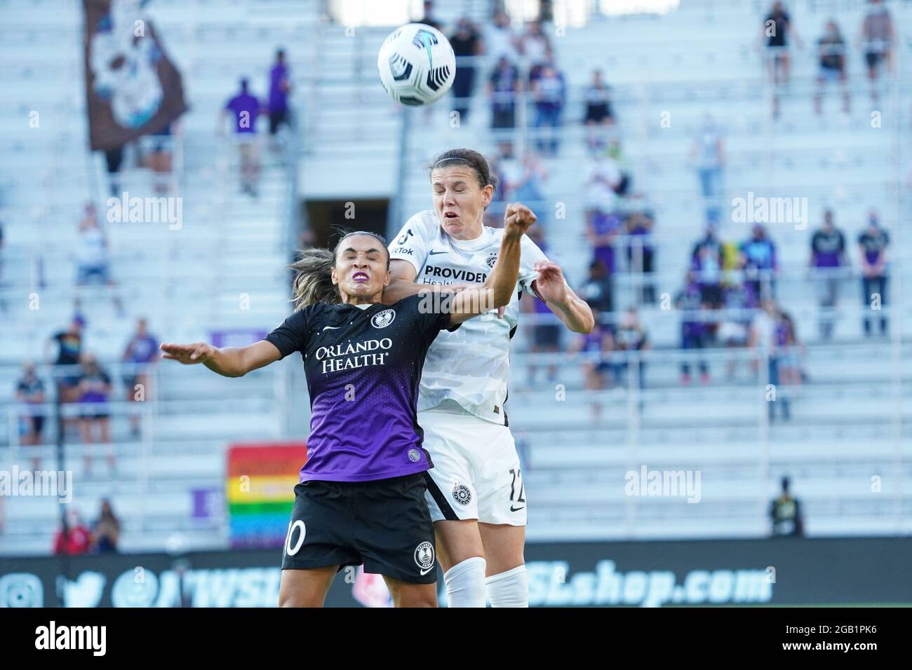 Orlando, Florida, USA, May 26, 2021, Portland Thorns Midfielder Christine Sinclair #12 wins the header at Exploria Stadium  (Photo Credit:  Marty Jean-Louis) Stock Photo