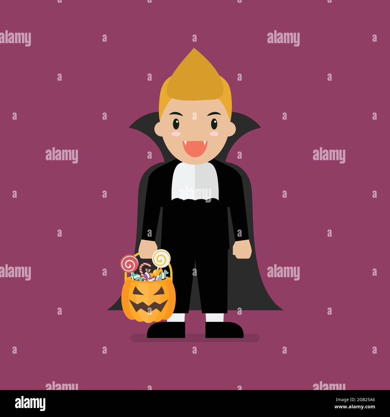 Boy with pumpkin basket dressed in vampire costume. Halloween holiday party. Vector illustration Stock Vector