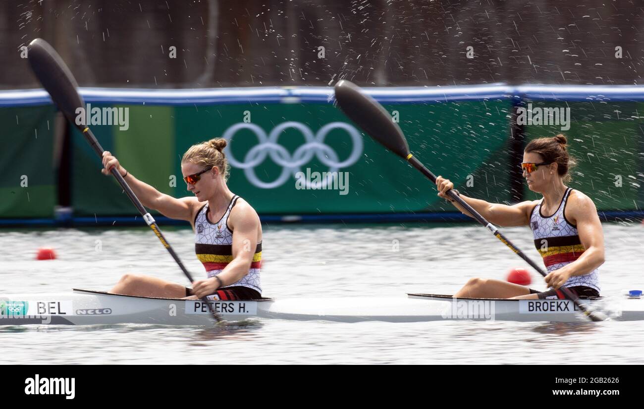 Belgian Hermien Peters and Belgian CanoeKayak sprinter Lize Broekx pictured in action during
