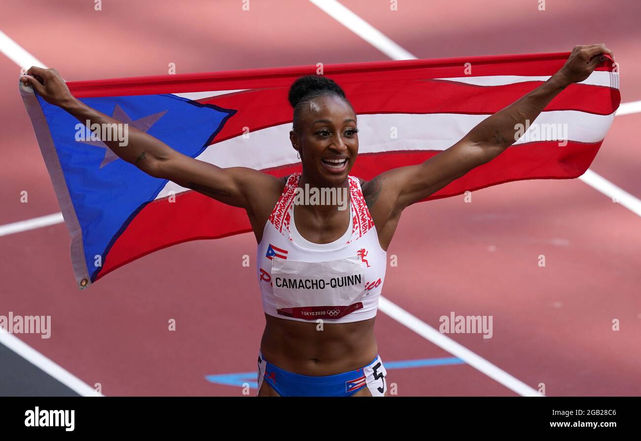 Puerto Rico's Jasmine CamachoQuinn celebrates winning the gold medal