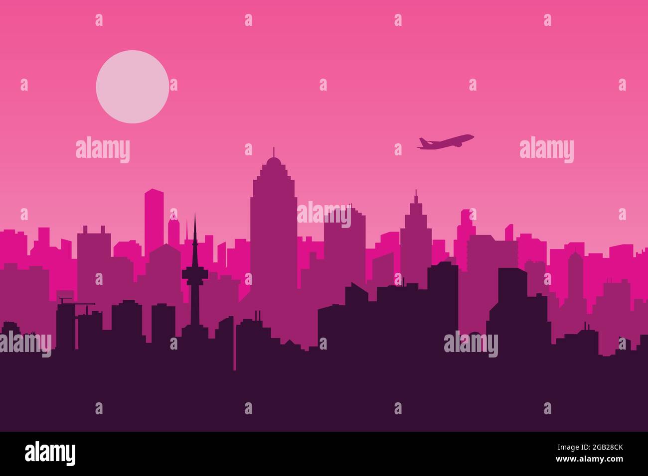 Vector illustration of an urban scene with a pink background, a metropolis, and an airplane silhouette Stock Vector