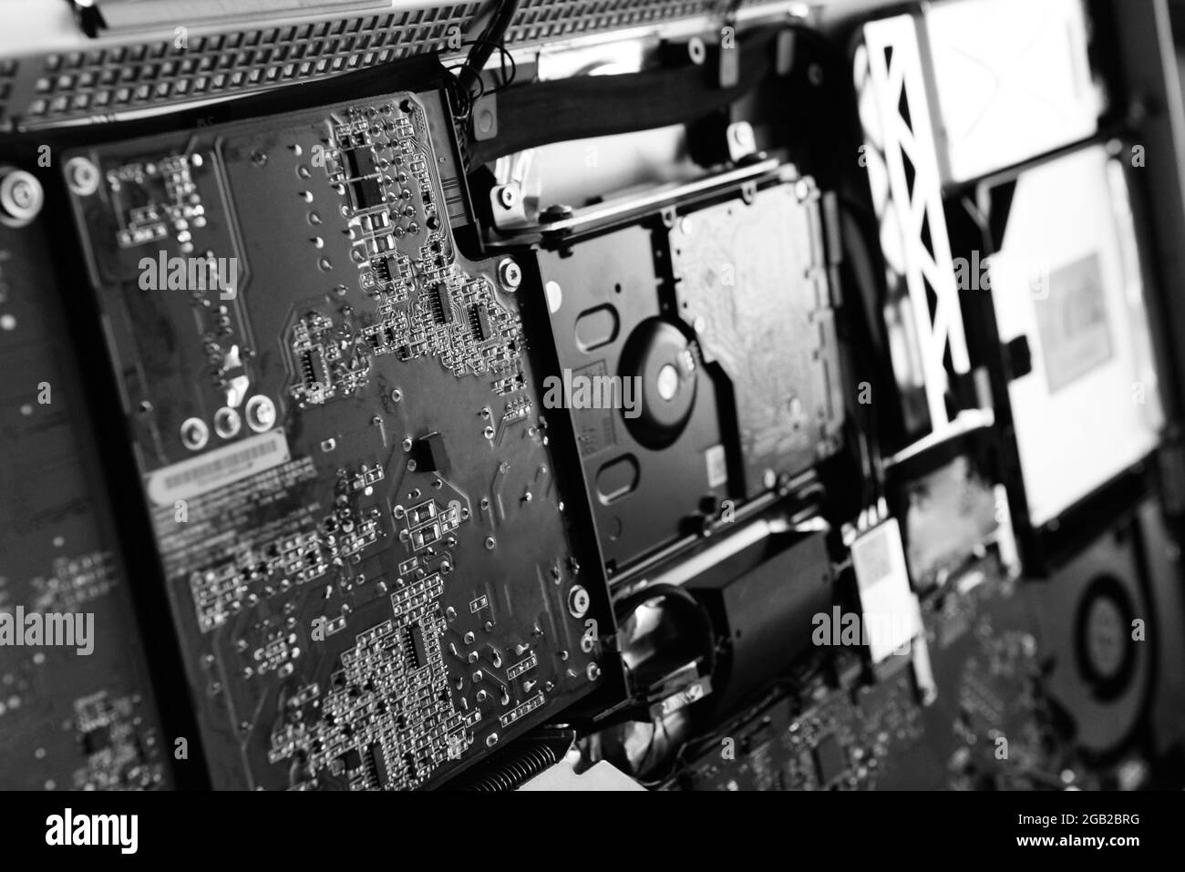 Disassembled computer monitor with internal components, close up Stock