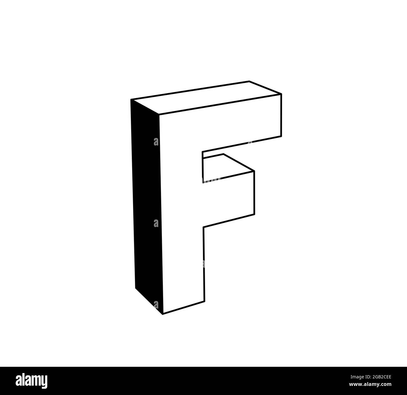 letter f, 3d black and white illustration isolated on white background. perspective view Stock Photo