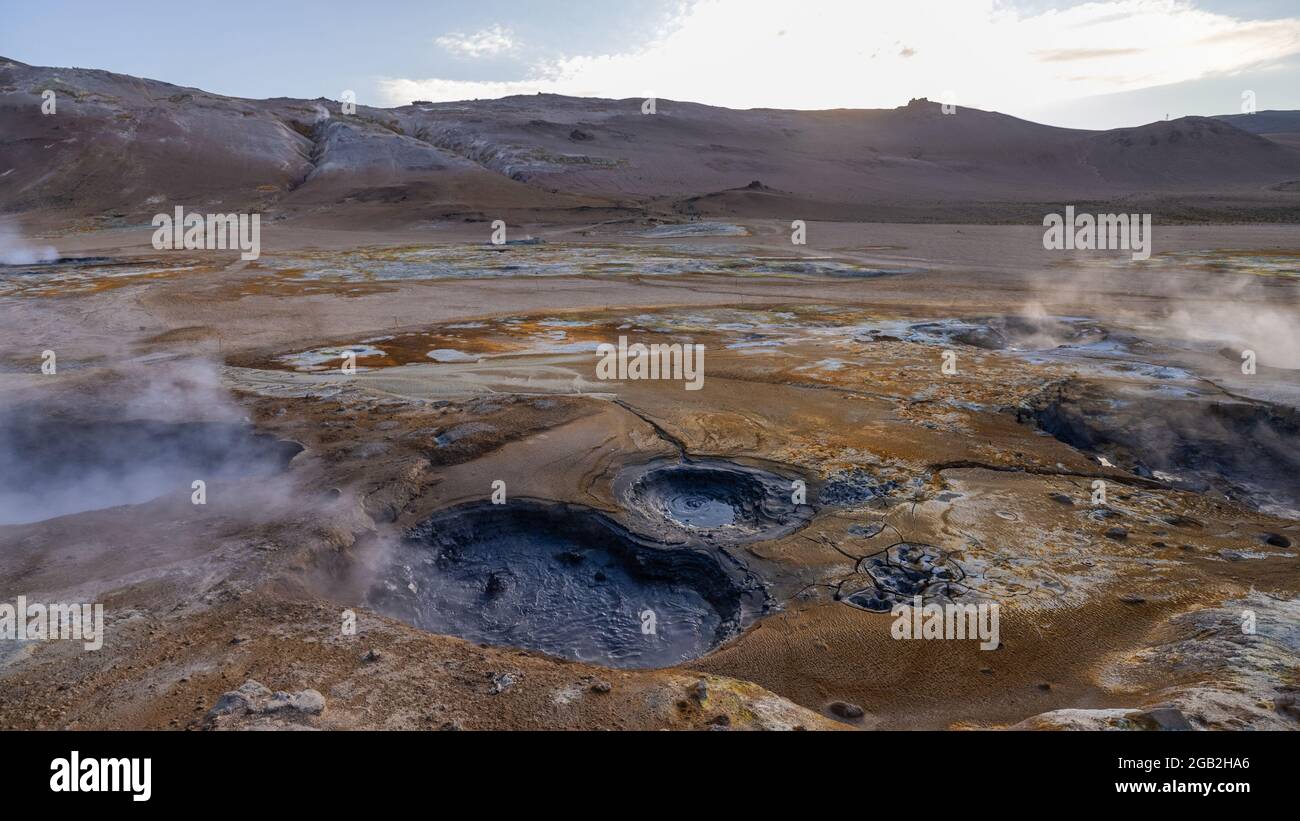 Hverir geothermal mud springs in Iceland close to lake Myvatn. Aerial ...