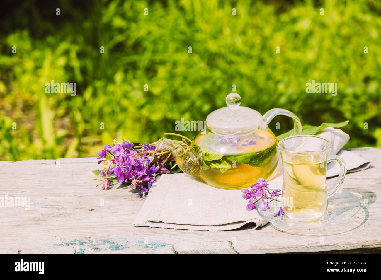 Tea with fresh lemon balm summer herbs clover leaves in glass cup and teapot on wooden rustic background Stock Photo