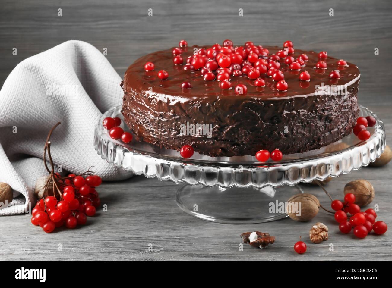 Chocolate Cake With Cranberries On Wooden Background Stock Photo Alamy