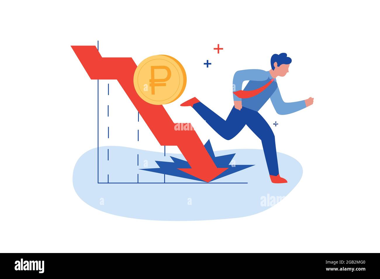 Flat man running away from bankruptcy, debt, financial crisis or cash losses. Global economic money problem, stock collapse or economy crash concept. Person and falling arrow. Investment failure. Stock Vector