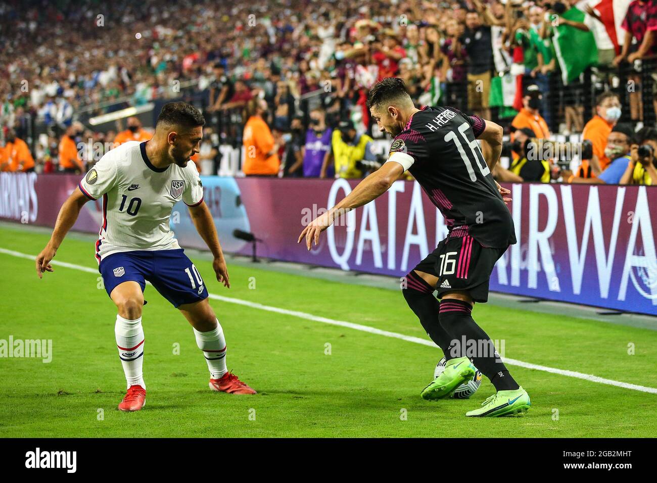 August 1, 2021: Mexico midfielder Héctor Herrera (16) is defended by United States midfielder Cristian Roldan (10) during the CONCACAF Gold Cup 2021 Final featuring the United States and Mexico at Allegiant Stadium in Las Vegas, NV. The United States defeated Mexico in extra-time 1-0. Christopher Trim/CSM. Stock Photo