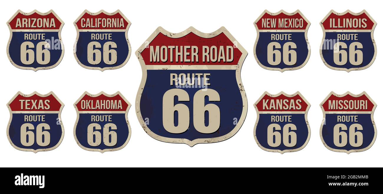 Set of Route 66 american highway vintage rusty metal signs on white background, vector illustration Stock Vector
