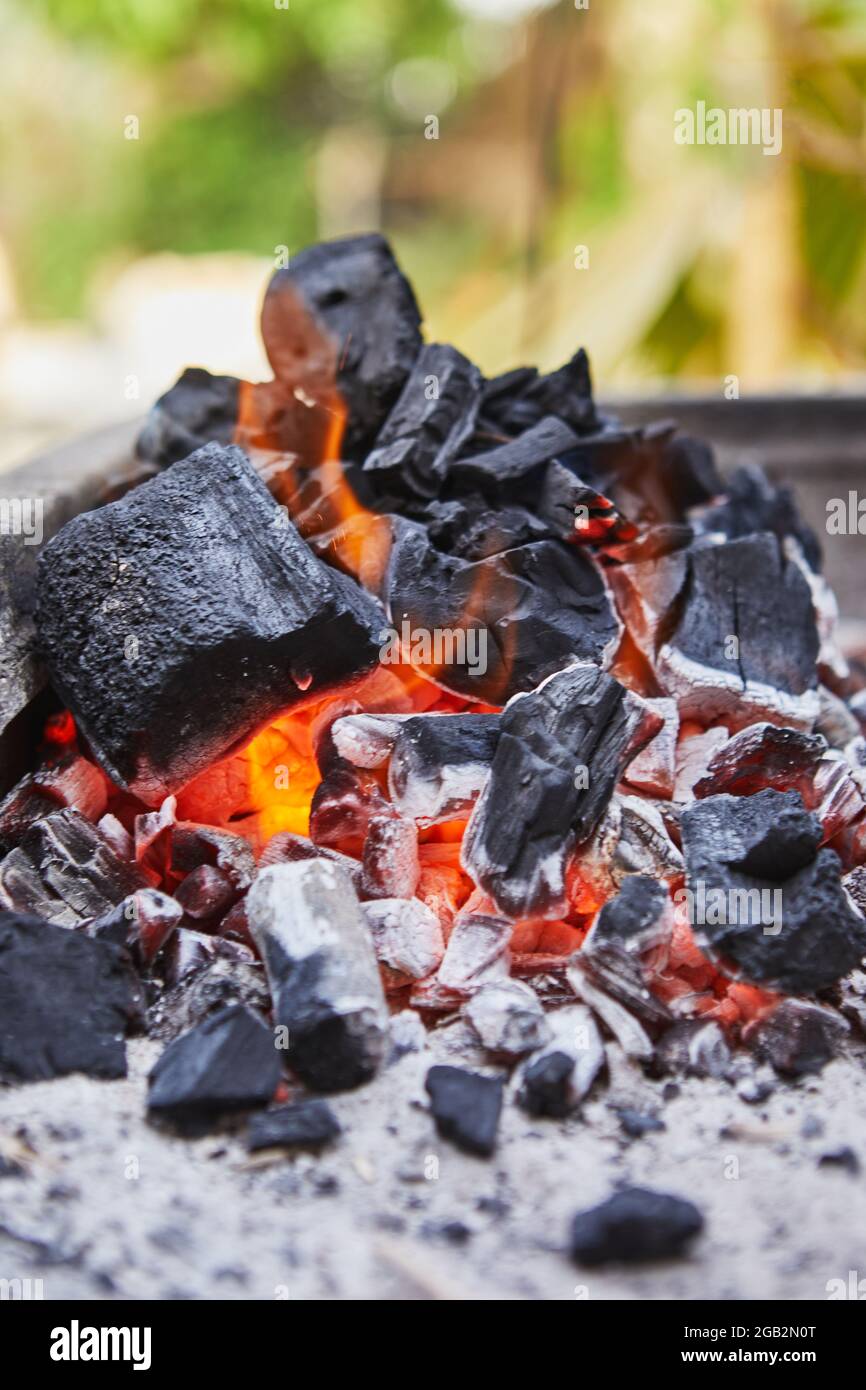 Lighting coals in the barbecue grill. BBQ party Stock Photo