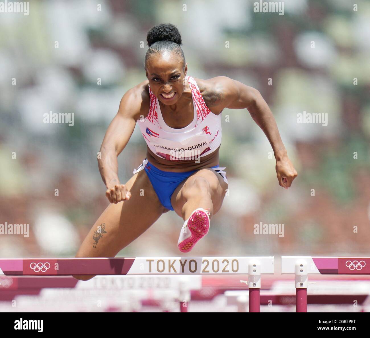 Jasmine CamachoQuinn of Puerto Rico competes in the women's 100meter