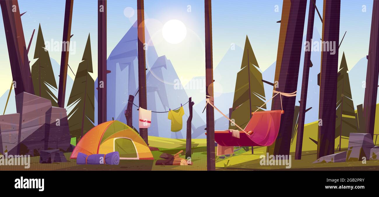 Camping tent with tourist stuff, logs and hammock Stock Vector Image ...