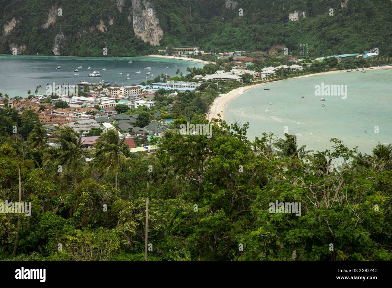Usa. 1st Aug, 2021. An overview of Koh Phi Phi is seen in Thailand, on Sunday, August 1, 2021. Although the Phuket sandbox model has been an isolated success, other sandbox islands are seeing very few tourists, if any, and people are becoming desperate as they try to survive the loss of income caused the pandemic and increasingly strict measures designed to stop the spread of Covid-19. (Credit Image: © Andre Malerba/ZUMA Press Wire) Stock Photo